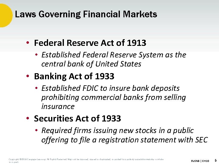 Laws Governing Financial Markets • Federal Reserve Act of 1913 • Established Federal Reserve