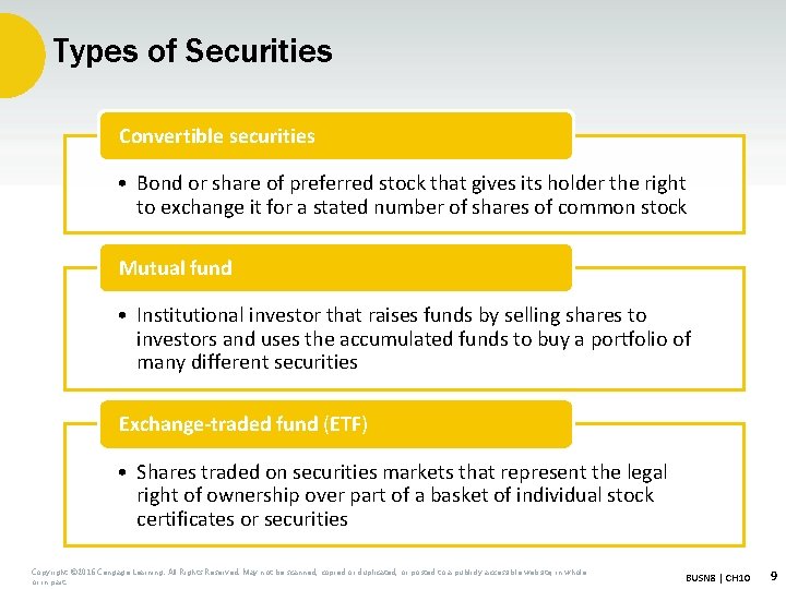 Types of Securities Convertible securities • Bond or share of preferred stock that gives