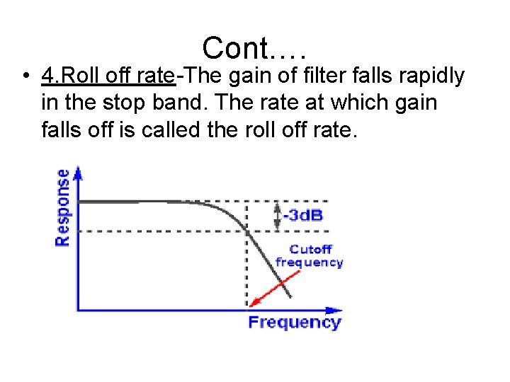 Cont…. • 4. Roll off rate-The gain of filter falls rapidly in the stop