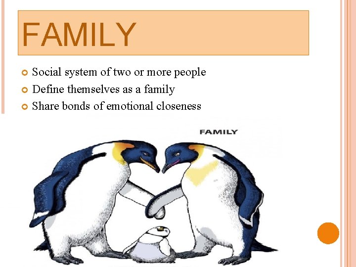 FAMILY Social system of two or more people Define themselves as a family Share