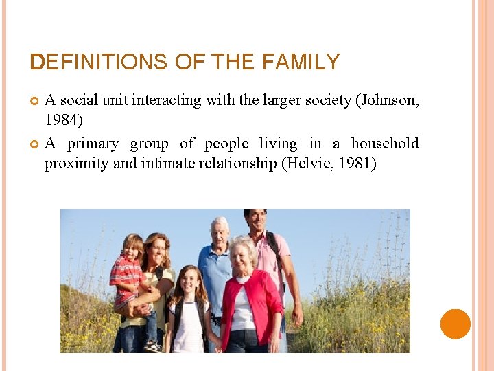 DEFINITIONS OF THE FAMILY A social unit interacting with the larger society (Johnson, 1984)