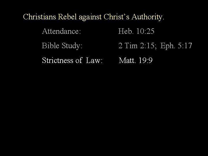 Christians Rebel against Christ’s Authority. Attendance: Heb. 10: 25 Bible Study: 2 Tim 2: