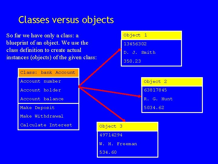 Classes versus objects So far we have only a class: a blueprint of an Classes versus objects So far we have only a class: a blueprint of an