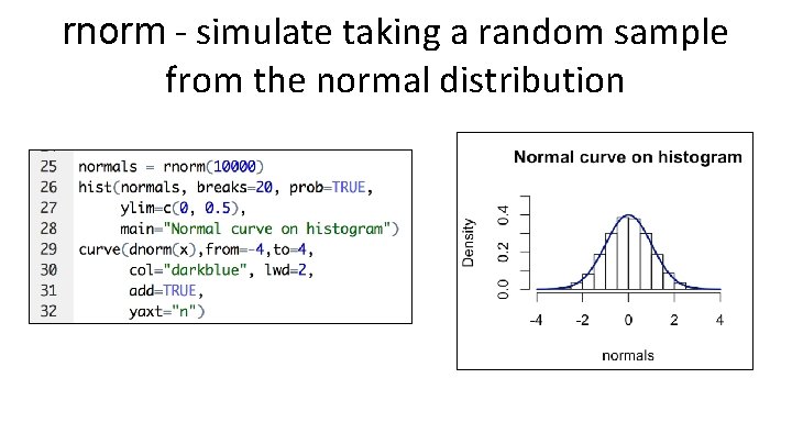 rnorm - simulate taking a random sample from the normal distribution 