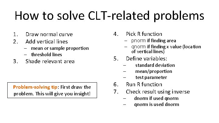 How to solve CLT-related problems 1. 2. 3. Draw normal curve Add vertical lines