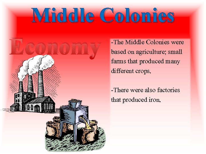 Middle Colonies Economy -The Middle Colonies were based on agriculture; small farms that produced