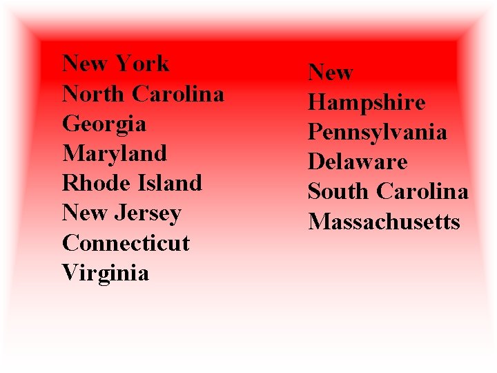 New York North Carolina Georgia Maryland Rhode Island New Jersey Connecticut Virginia New Hampshire New York North Carolina Georgia Maryland Rhode Island New Jersey Connecticut Virginia New Hampshire