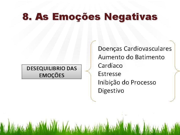 8. As Emoções Negativas DESEQUILIBRIO DAS EMOÇÕES Doenças Cardiovasculares Aumento do Batimento Cardíaco Estresse