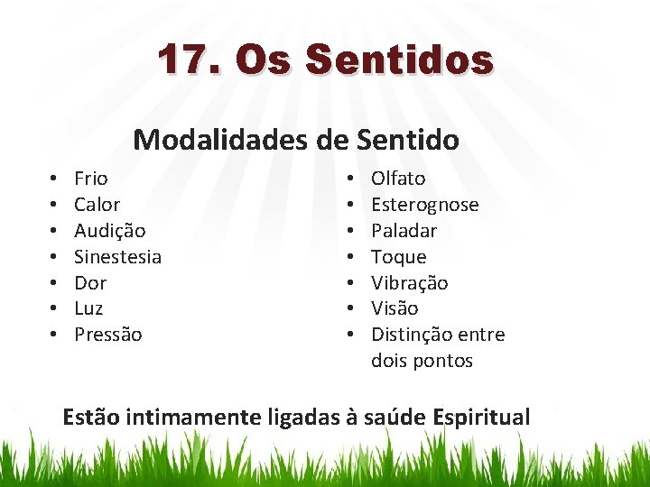 17. Os Sentidos Modalidades de Sentido • • Frio Calor Audição Sinestesia Dor Luz