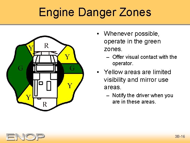 Engine Danger Zones • Whenever possible, operate in the green zones. – Offer visual