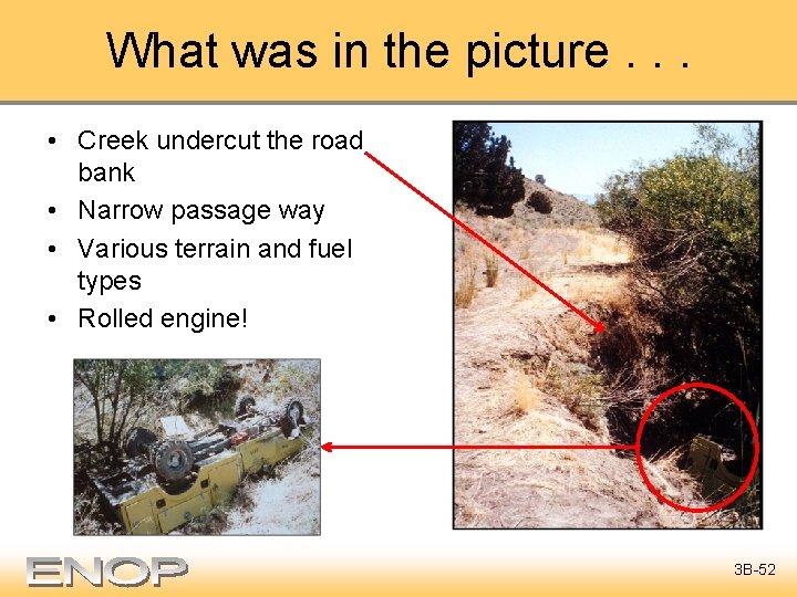 What was in the picture. . . • Creek undercut the road bank •