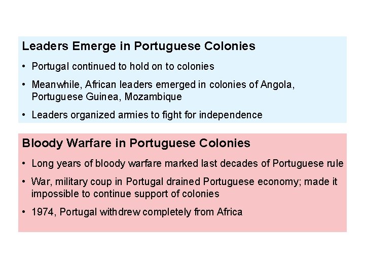 Leaders Emerge in Portuguese Colonies • Portugal continued to hold on to colonies •