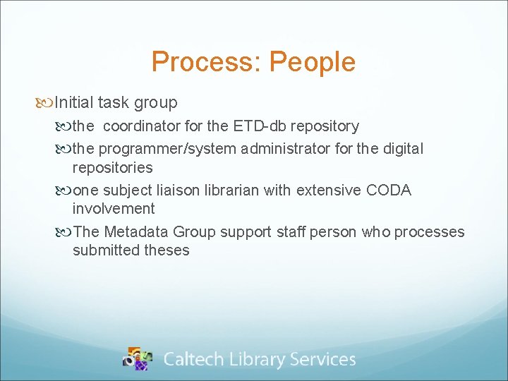 Process: People Initial task group the coordinator for the ETD-db repository the programmer/system administrator