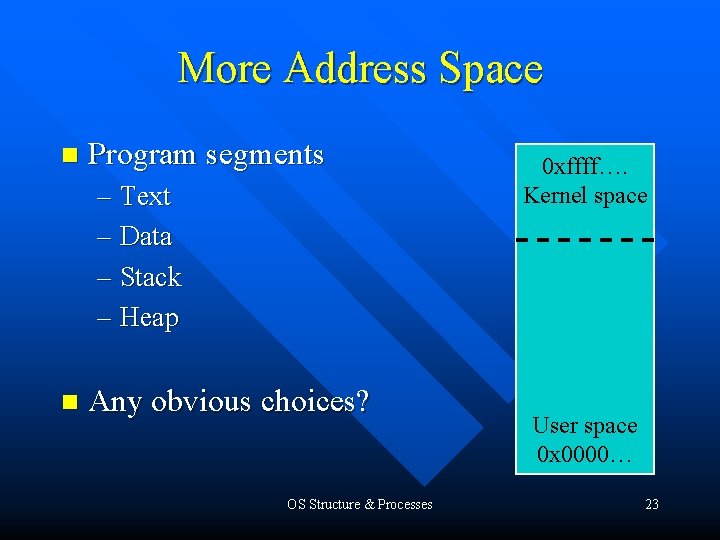 More Address Space n Program segments – Text – Data – Stack – Heap