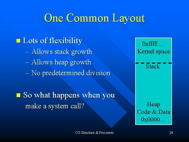 One Common Layout n Lots of flexibility – Allows stack growth – Allows heap