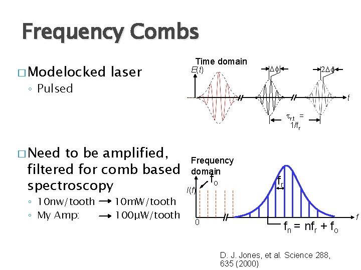 Frequency Combs � Modelocked ◦ Pulsed laser Time domain E(t) Df 2 Df t