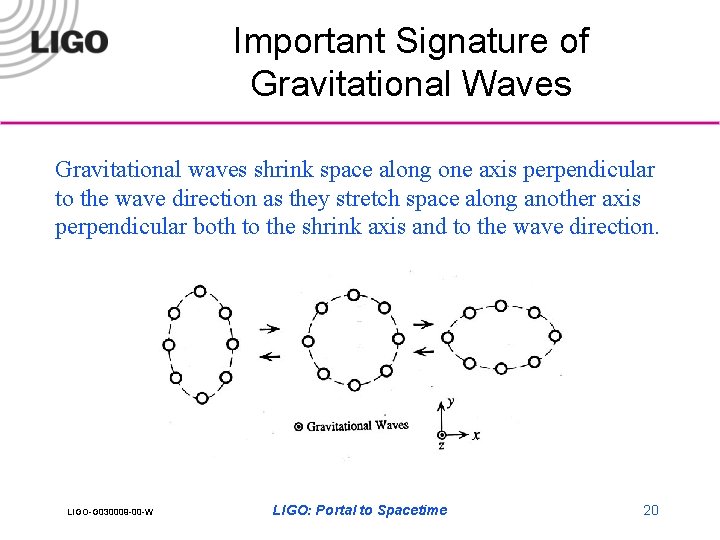 Important Signature of Gravitational Waves Gravitational waves shrink space along one axis perpendicular to