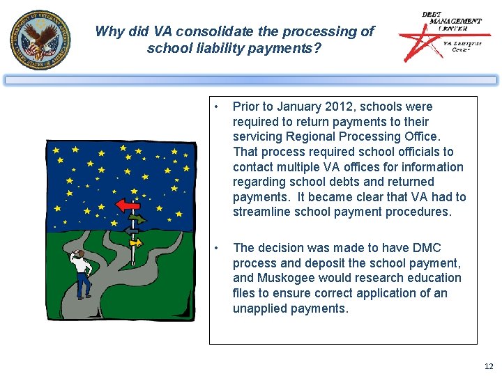 Why did VA consolidate the processing of school liability payments? • Prior to January