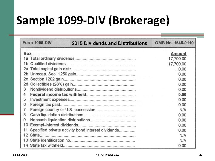 Sample 1099 -DIV (Brokerage) 2015 Dividends and Distributions 12 -12 -2016 NJ TAX TY