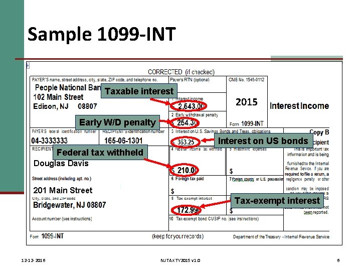 Sample 1099 -INT Taxable interest 2015 Early W/D penalty Interest on US bonds Federal