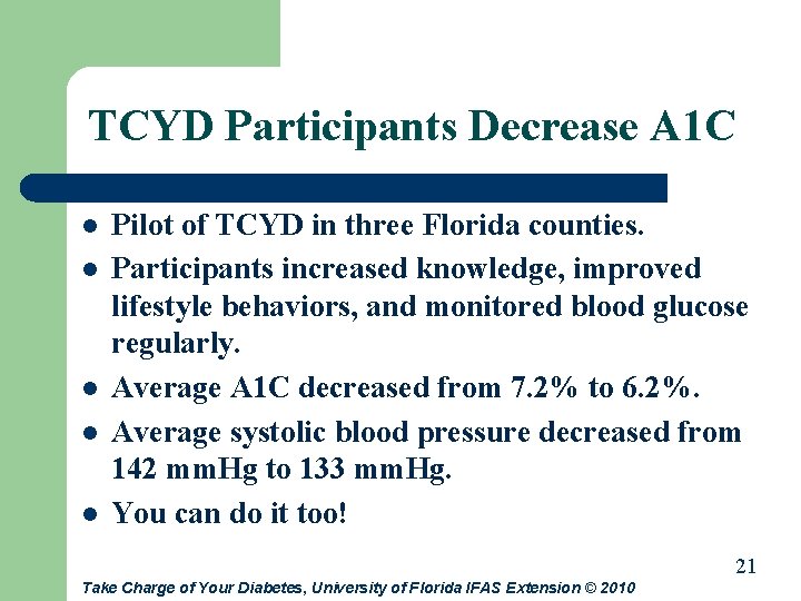 TCYD Participants Decrease A 1 C l l l Pilot of TCYD in three