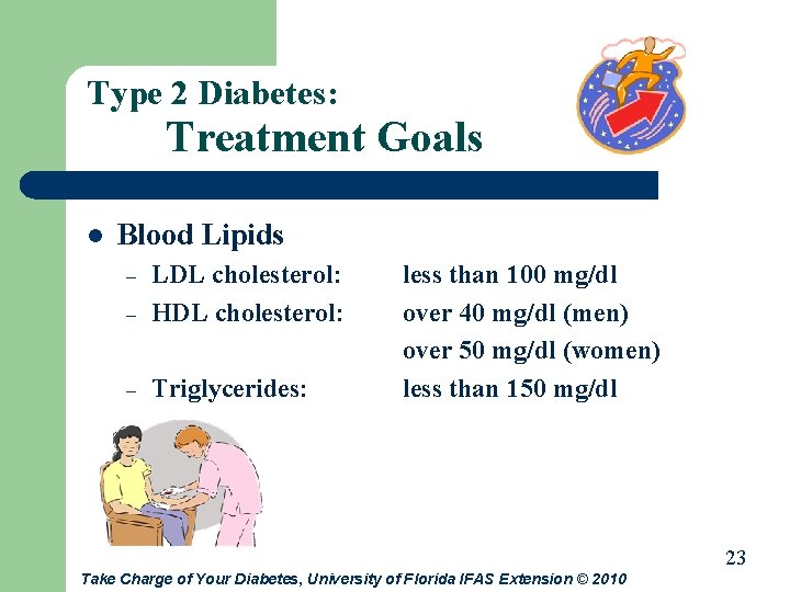 Type 2 Diabetes: Treatment Goals l Blood Lipids – LDL cholesterol: HDL cholesterol: –