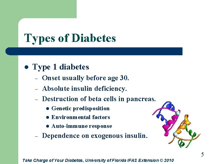 Types of Diabetes l Type 1 diabetes – – – Onset usually before age