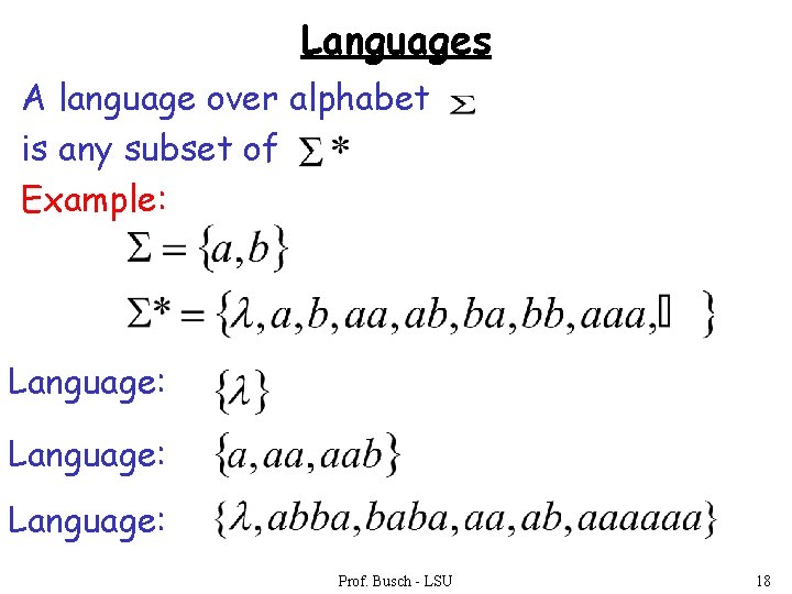Languages A language over alphabet is any subset of Example: Language: Prof. Busch -