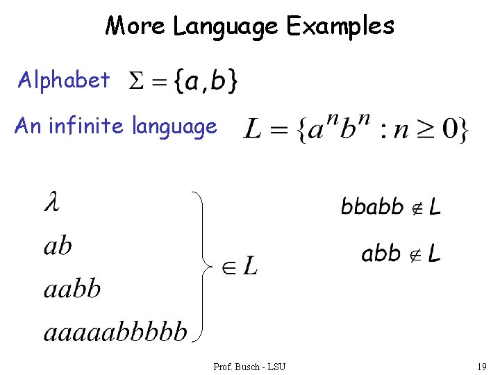 More Language Examples Alphabet An infinite language Prof. Busch - LSU 19 