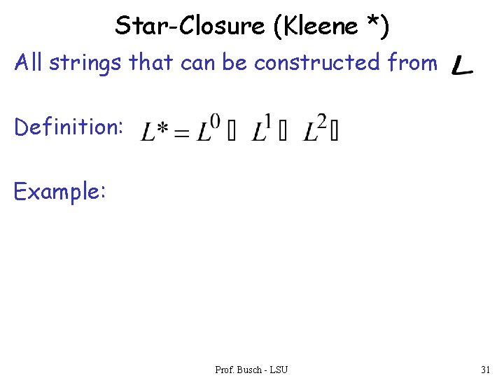 Star-Closure (Kleene *) All strings that can be constructed from Definition: Example: Prof. Busch