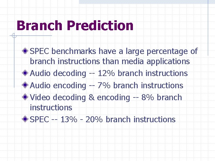 Branch Prediction SPEC benchmarks have a large percentage of branch instructions than media applications