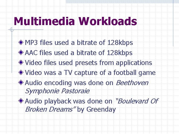 Multimedia Workloads MP 3 files used a bitrate of 128 kbps AAC files used