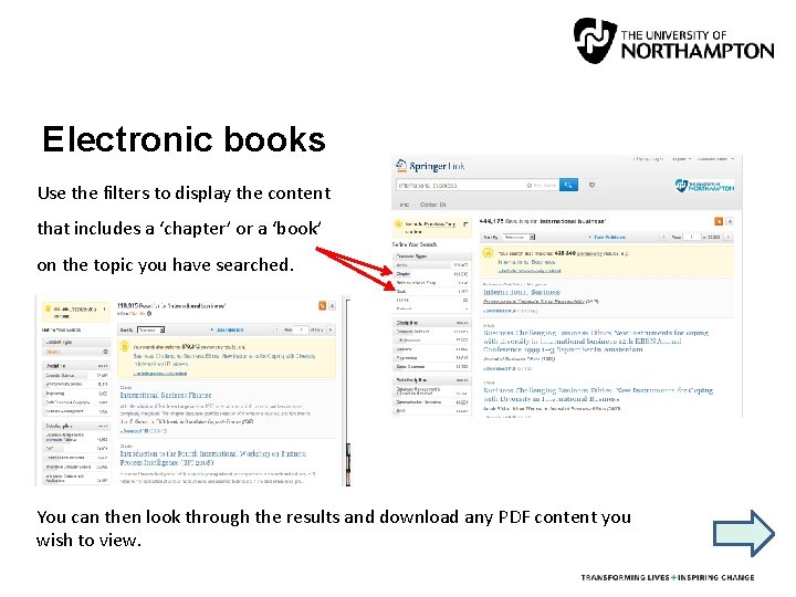 Electronic books Use the filters to display the content that includes a ‘chapter’ or