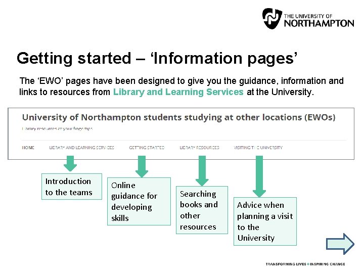 Getting started – ‘Information pages’ The ‘EWO’ pages have been designed to give you