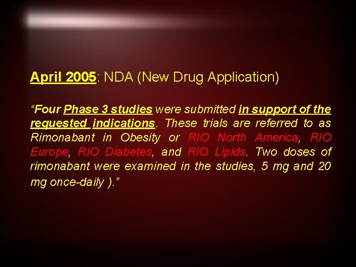 April 2005: NDA (New Drug Application) “Four Phase 3 studies were submitted in support