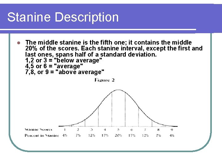 Stanine Description l The middle stanine is the fifth one; it contains the middle