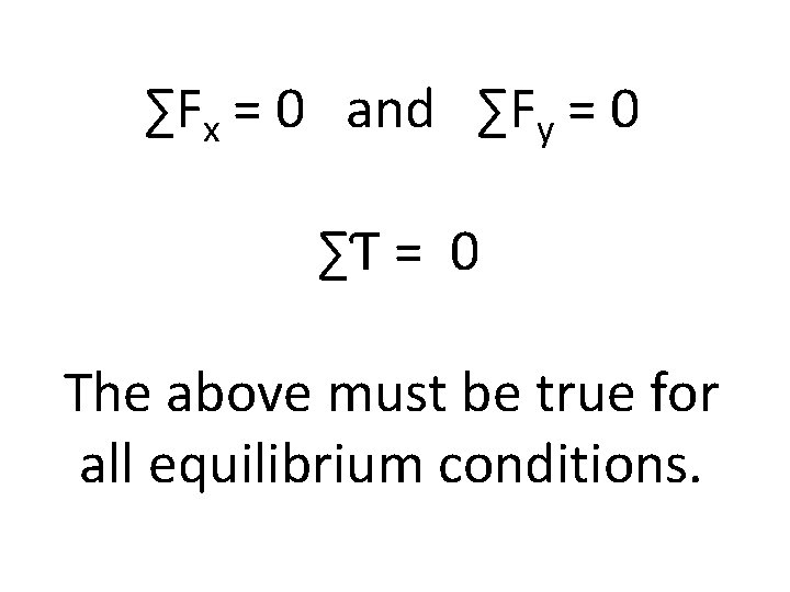 ∑Fx = 0 and ∑Fy = 0 ∑Ƭ = 0 The above must be