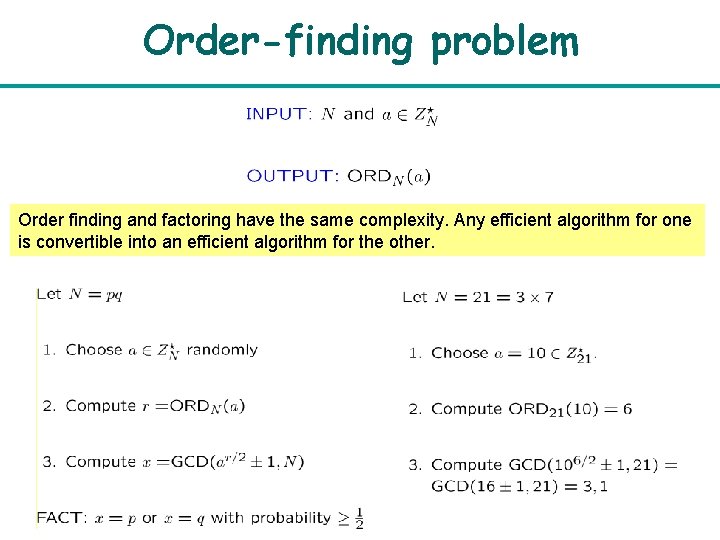 Order-finding problem Order finding and factoring have the same complexity. Any efficient algorithm for