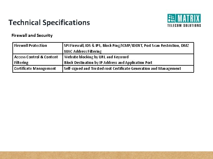 Technical Specifications Firewall and Security Firewall Protection Access Control & Content Filtering Certificate Management