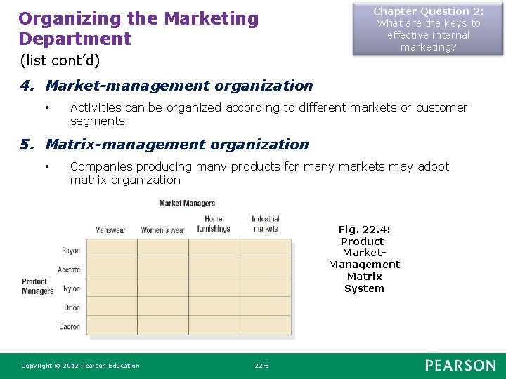 Organizing the Marketing Department (list cont’d) Chapter Question 2: What are the keys to Organizing the Marketing Department (list cont’d) Chapter Question 2: What are the keys to