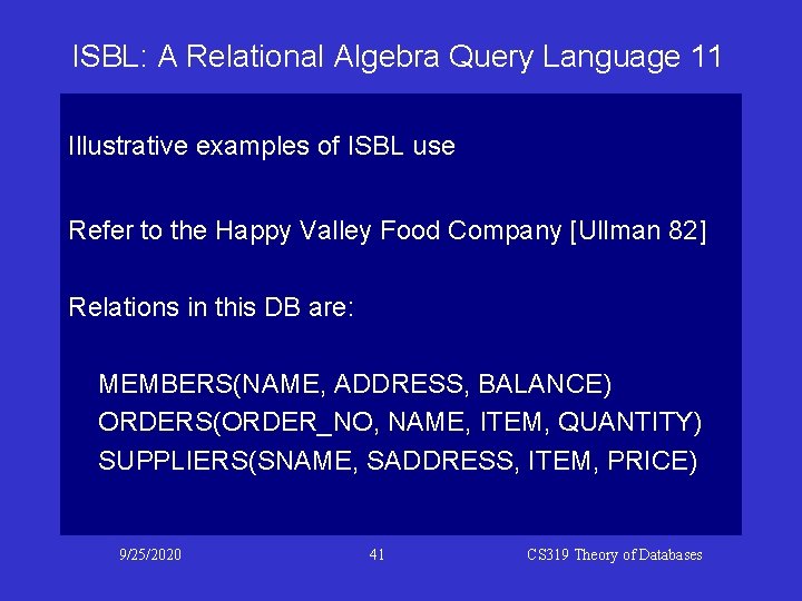 ISBL: A Relational Algebra Query Language 11 Illustrative examples of ISBL use Refer to ISBL: A Relational Algebra Query Language 11 Illustrative examples of ISBL use Refer to