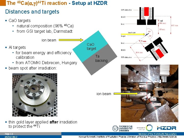 The 40 Ca( , )44 Ti reaction - Setup at HZDR Distances and targets