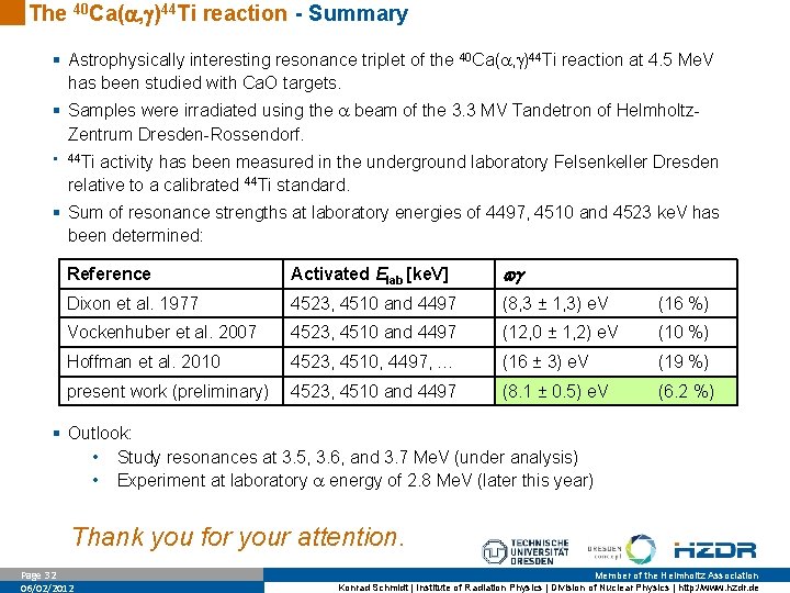 The 40 Ca( , )44 Ti reaction - Summary § Astrophysically interesting resonance triplet