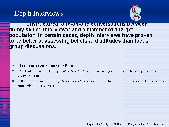 Depth Interviews 1995 7888 4320 000001 00023 Unstructured, one-on-one conversations between highly skilled interviewer