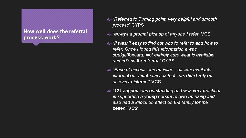  “Referred to Turning point, very helpful and smooth process” CYPS How well does