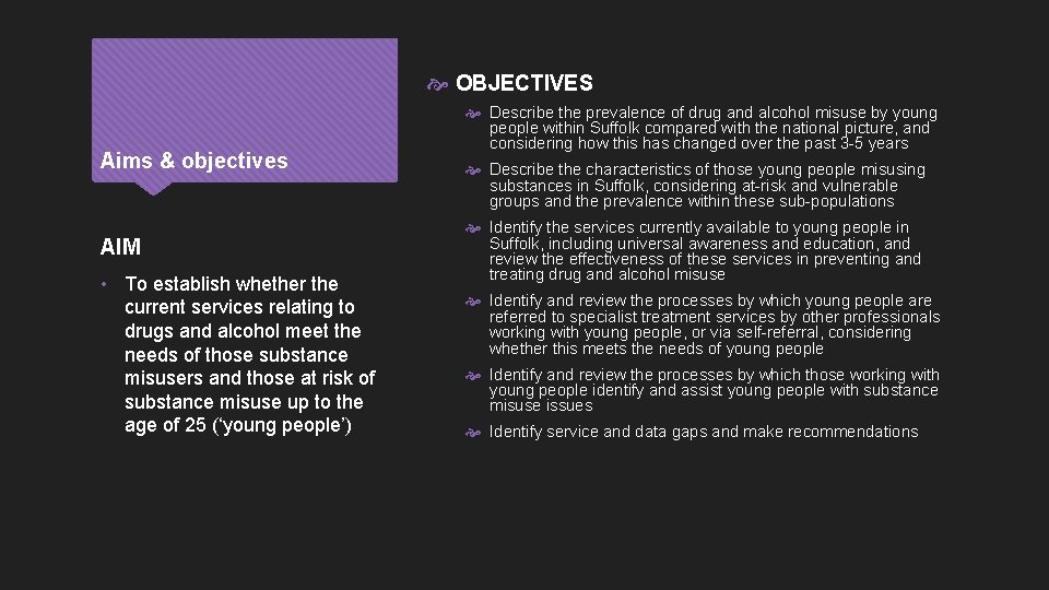 OBJECTIVES Aims & objectives AIM • To establish whether the current services relating
