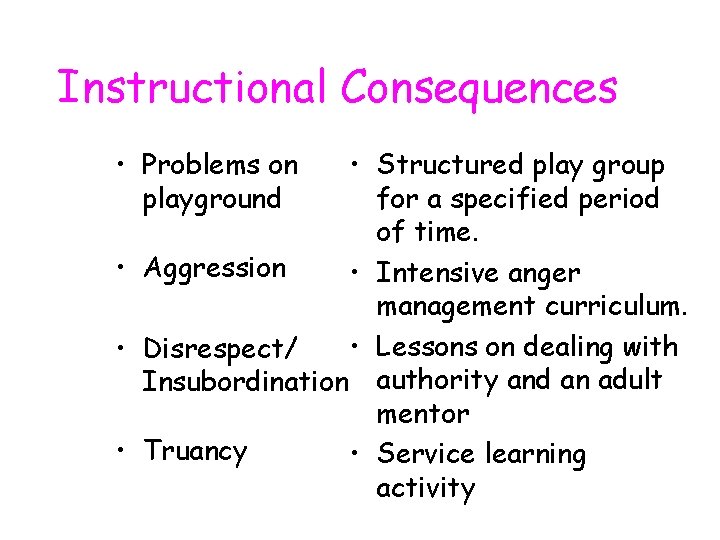 Instructional Consequences • Problems on playground • Structured play group for a specified period
