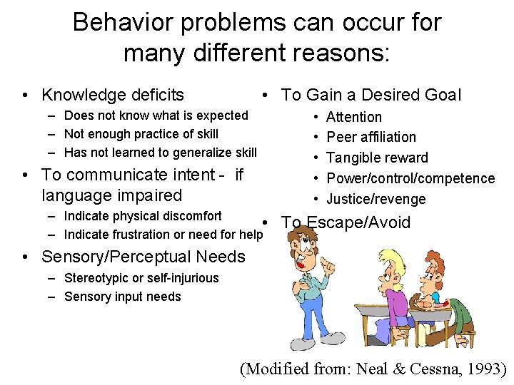 Behavior problems can occur for many different reasons: • Knowledge deficits • To Gain