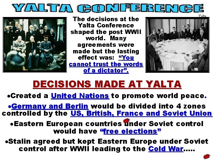 The decisions at the Yalta Conference shaped the post WWII world. Many agreements were