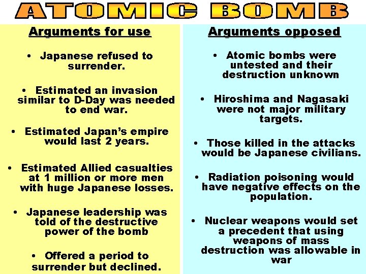 Arguments for use Arguments opposed • Japanese refused to surrender. • Atomic bombs were